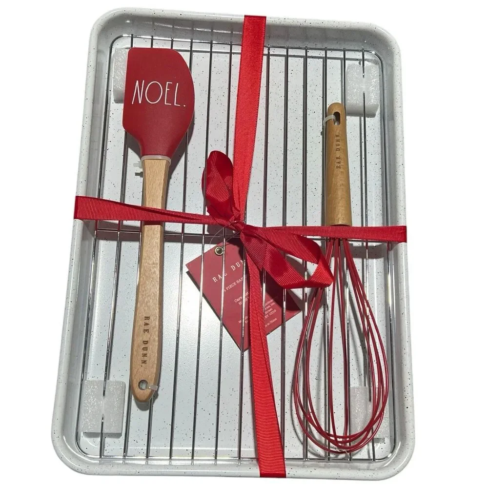 Rae Dunn 4-PC NOEL Baking Set Christmas Gift Spatula Baking Pan Whisk Recipe Red